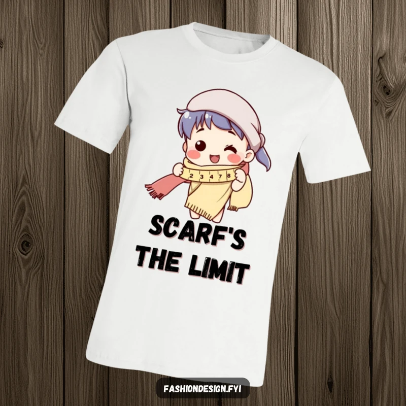 Funny t-shirt illustrating a cheerful character humorously measuring an extremely long scarf with a tape measure.