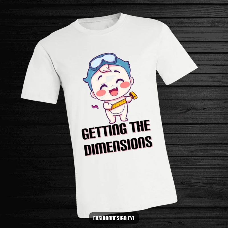 Funny t-shirt showcasing a cheerful character using a measuring tape with intense focus and joyful anticipation for a project.