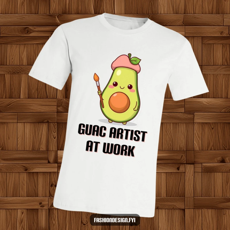 Funny t-shirt showcasing a happy avocado with a beret and paintbrush, embodying artistic passion.
