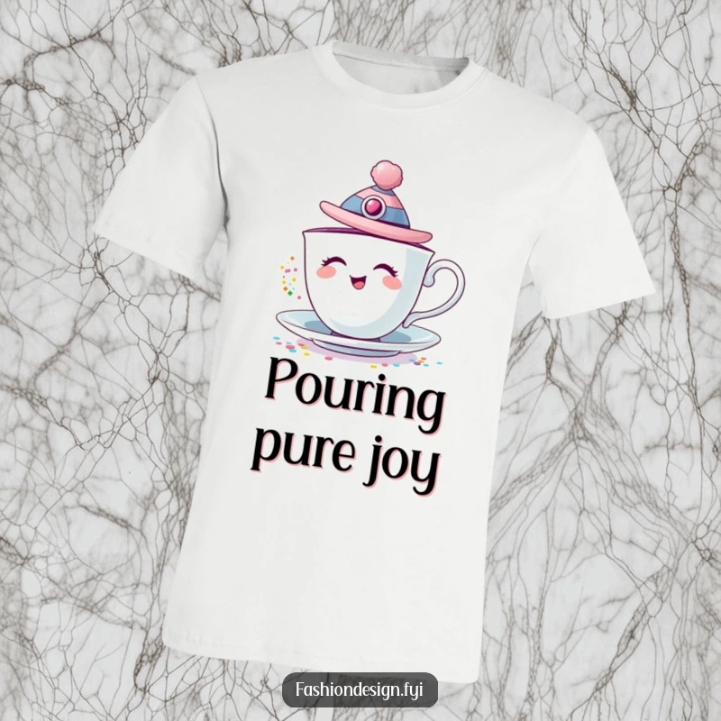 Funny t-shirt depicting a giggling teacup in a stylish hat, showering colorful glitter with glee.