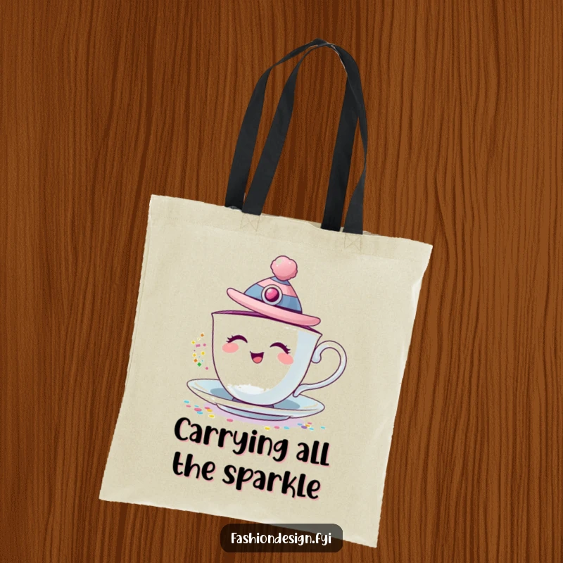 Funny tote bag showcasing a giggling teacup with a fashion hat, playfully pouring glitter everywhere.