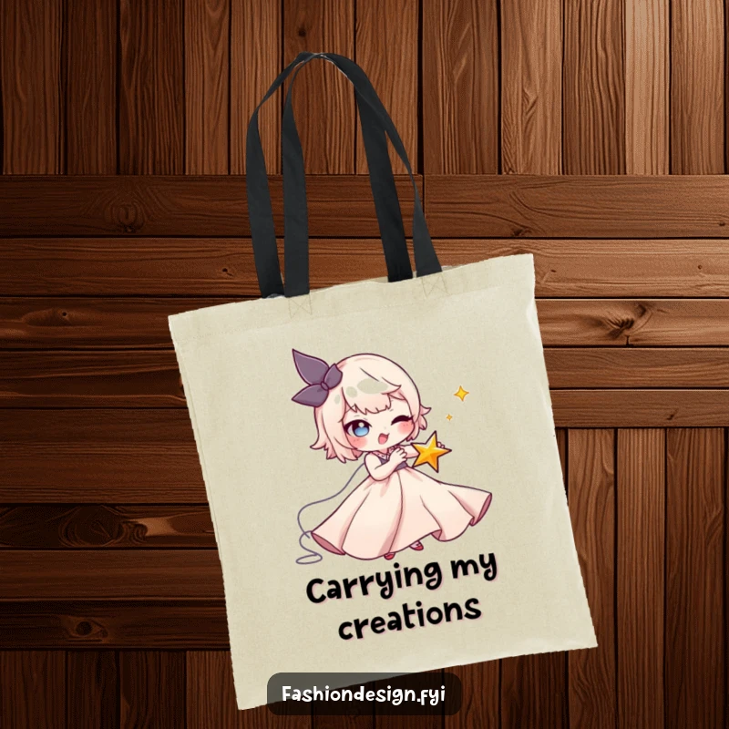 Funny Seamstress Gown Tote Bag: A mischievous character stitches a star onto a flowing gown, a humorous and stylish funny gift.