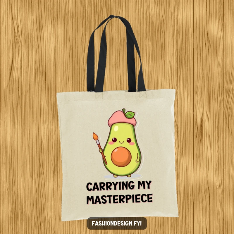 Funny tote bag featuring a cheerful avocado artist with a beret and paintbrush, designed for art lovers.