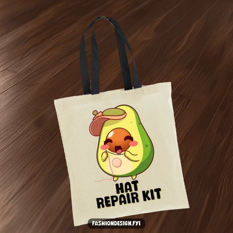 Funny surprised avocado with needle and thread, sewing a button on a tiny hat, tote bag, perfect funny gift.