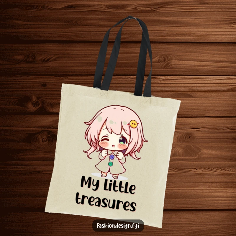 Funny tote bag featuring an enthusiastic character pinning colorful buttons onto a design, perfect for craft supplies.