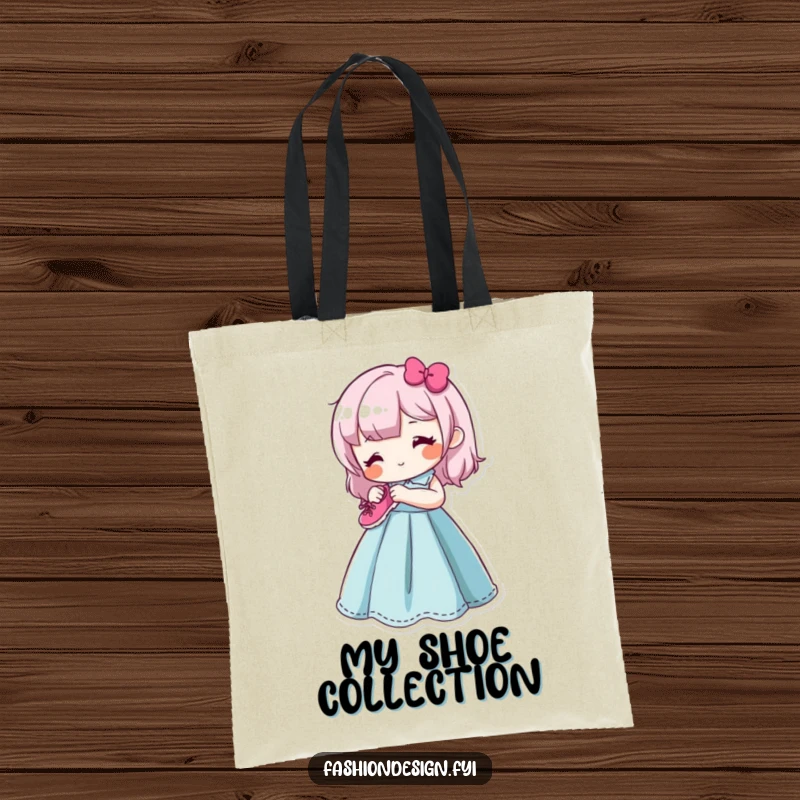 Funny tote bag with a content character happily sewing a small, smiling shoe onto a bright dress form, perfect for carrying craft supplies.