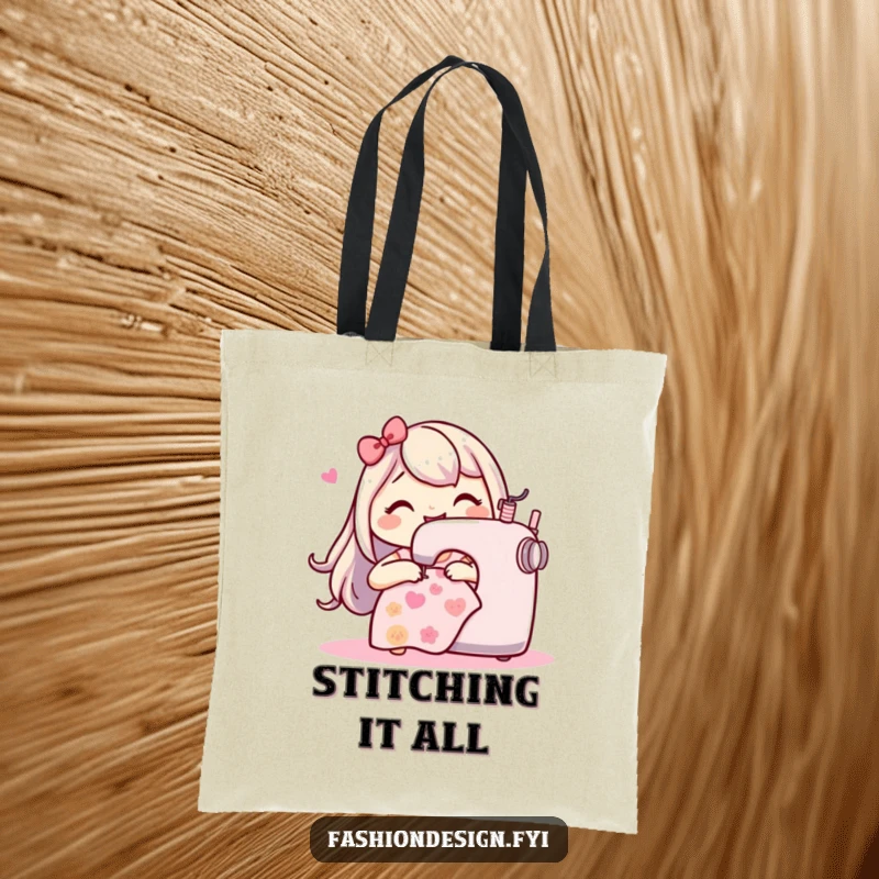 Funny Sewing Machine Tote Bag: Happy character joyfully stitching a playful pattern, a humorous and practical bag for sewing projects.