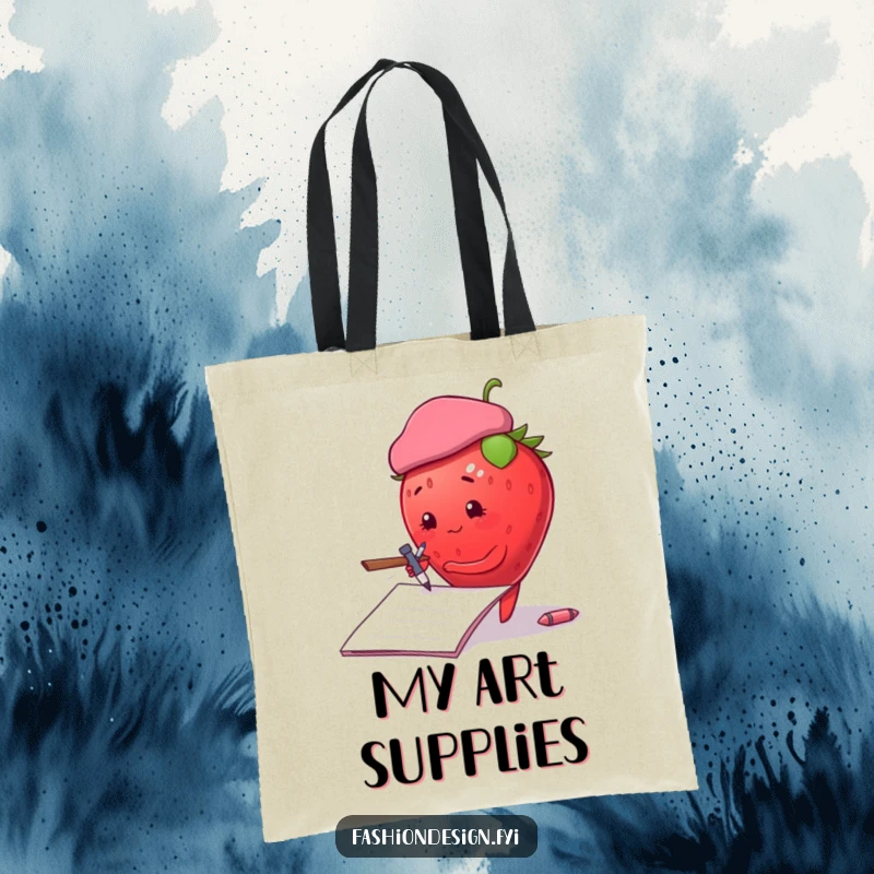 Funny plump strawberry with a beret, sketching diligently on large notepad, tote bag, perfect funny gift.