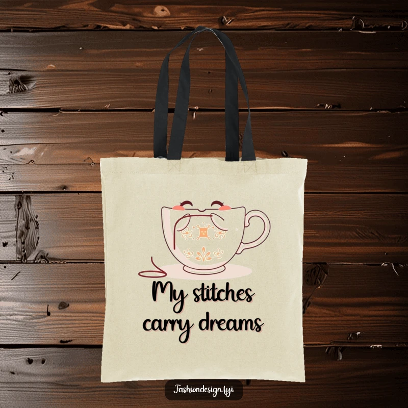 Funny teacup tote bag, happily embroidering a delicate pattern, carrying craft supplies, stylish and humorous.