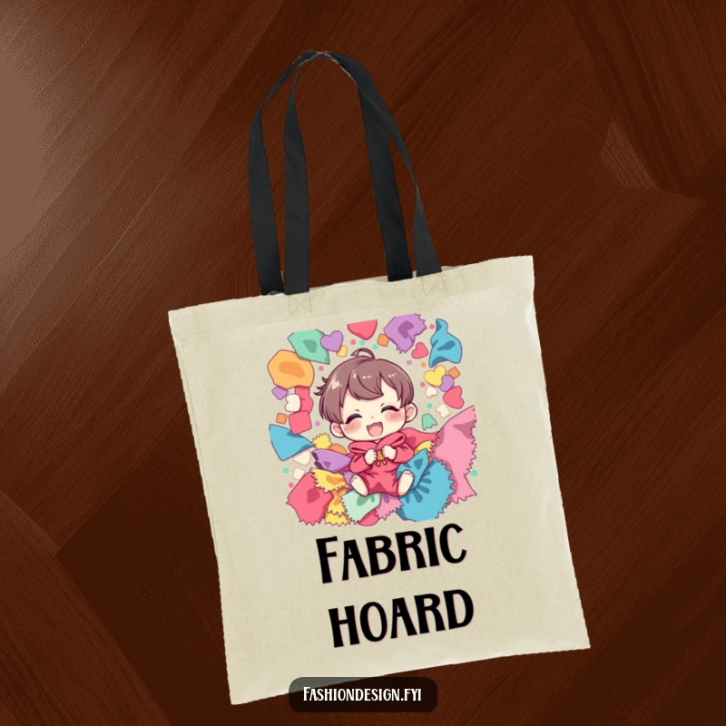 Funny tote bag illustration of a character joyfully giggling amidst a mountain of colorful fabric scraps, ideal for carrying sewing supplies.