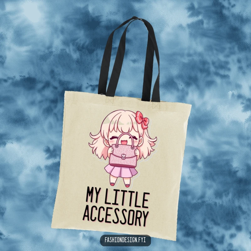 Funny handbag stitcher tote bag depicting a joyful character showing off a perfectly stitched, miniature, glittering handbag, practical funny gift.