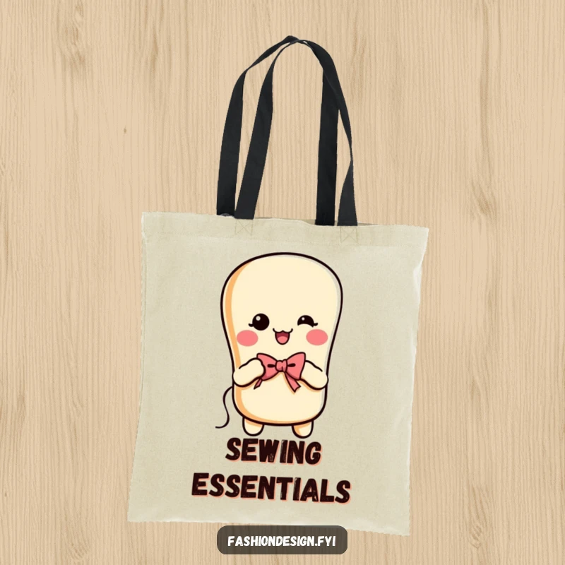 Funny cheerful baguette with arms, sewing a bow with needle and thread, tote bag, perfect funny gift.